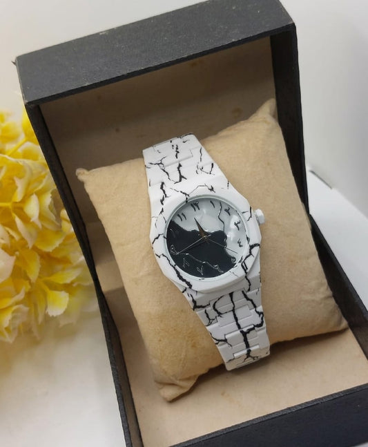 Men's Carbon Fiber Tiger Aura Watch White Marble Design