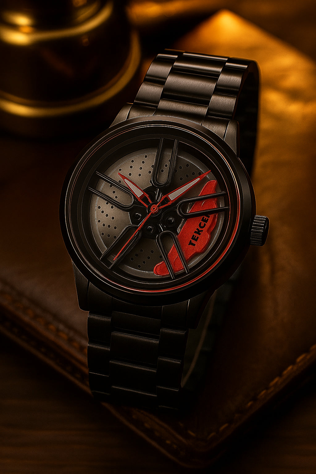 The Car Wheel Watch With Rotating Alloy Wheel and Stainless Steel Strap